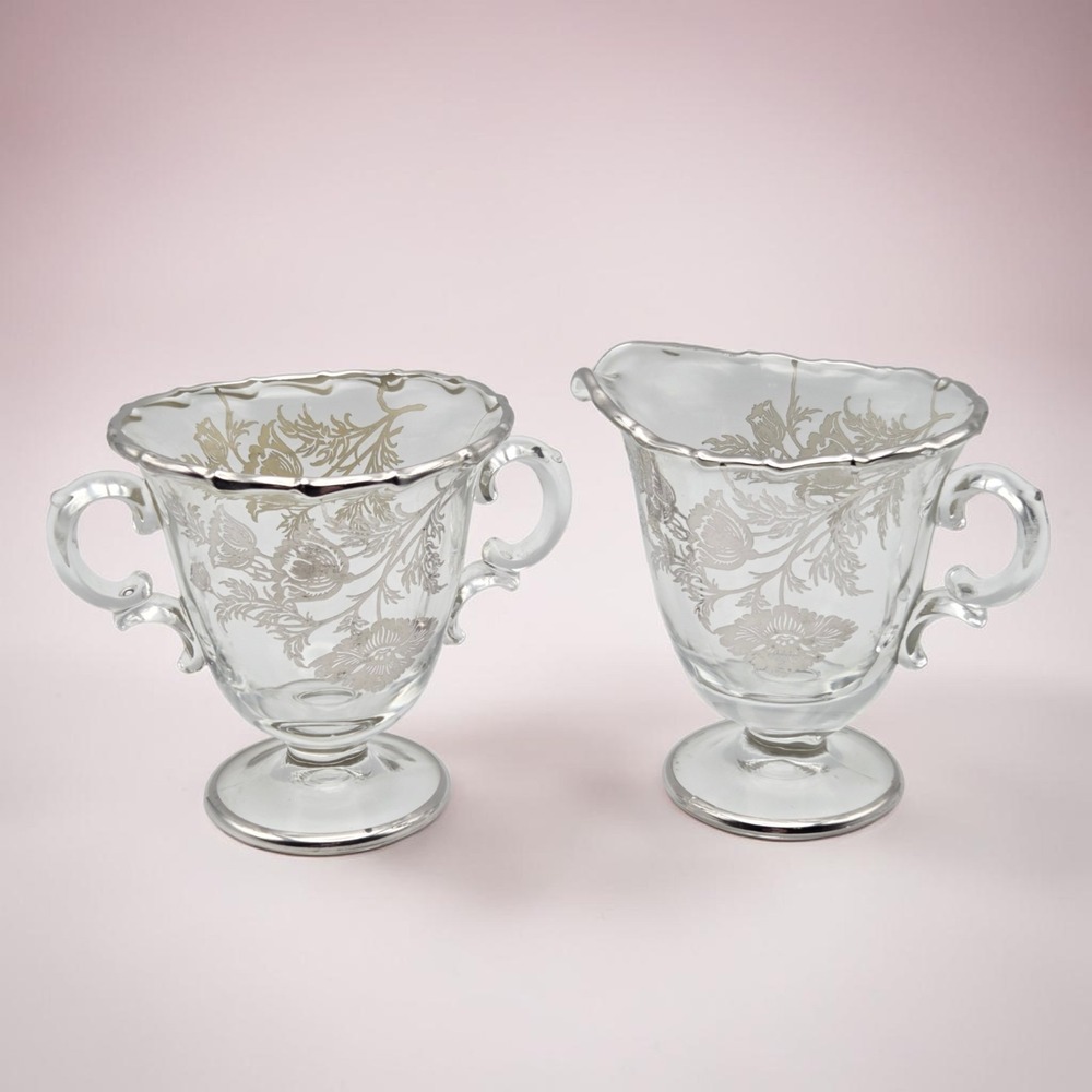 Vintage Fostoria Glass Creamer & Sugar Heather Pattern Silver Overlay Victorian